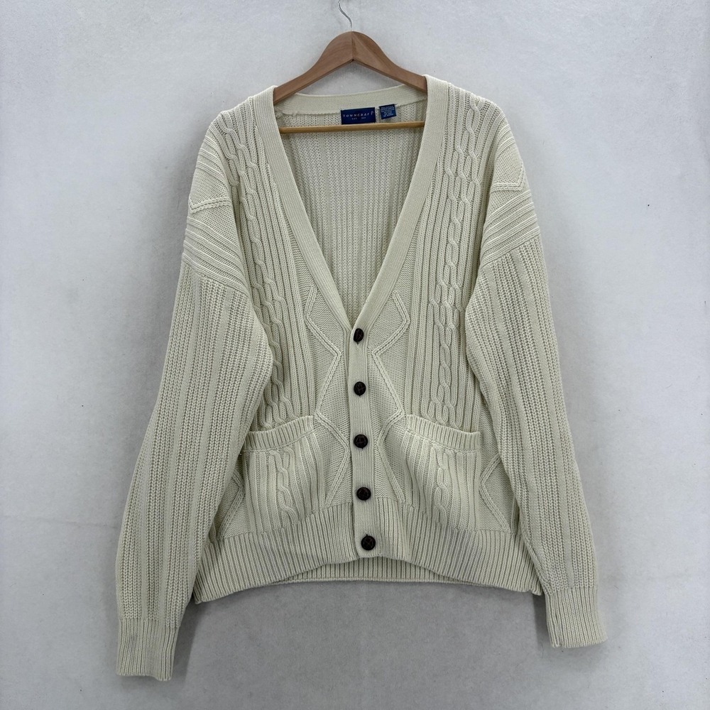 Vintage TownCraft Cardigan Sweater Mens XL White Acrylic Cable Knit Grandpa 90s